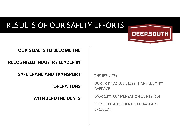 RESULTS OF OUR SAFETY EFFORTS HEAVY CAPILITES OUR GOALHAULING IS TO BECOME THE RECOGNIZED