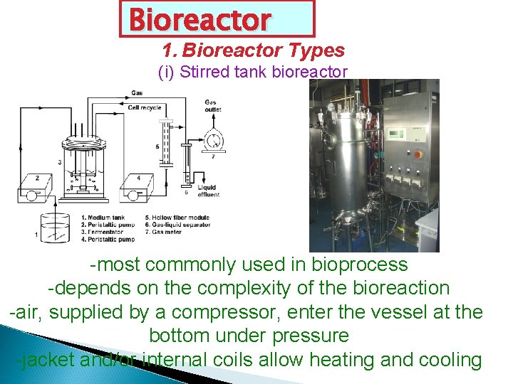 Bioreactor 1. Bioreactor Types (i) Stirred tank bioreactor -most commonly used in bioprocess -depends