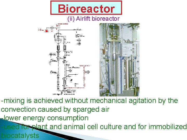 Bioreactor (ii) Airlift bioreactor -mixing is achieved without mechanical agitation by the convection caused