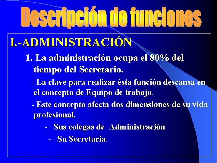 I. -ADMINISTRACIÓN 1. La administración ocupa el 80% del tiempo del Secretario. - La