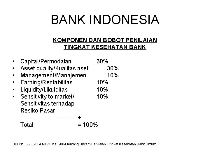 BANK INDONESIA KOMPONEN DAN BOBOT PENILAIAN TINGKAT KESEHATAN BANK • • • Capital/Permodalan 30%