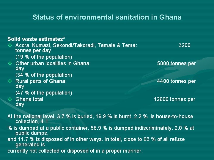 Status of environmental sanitation in Ghana Solid waste estimates* v Accra, Kumasi, Sekondi/Takoradi, Tamale