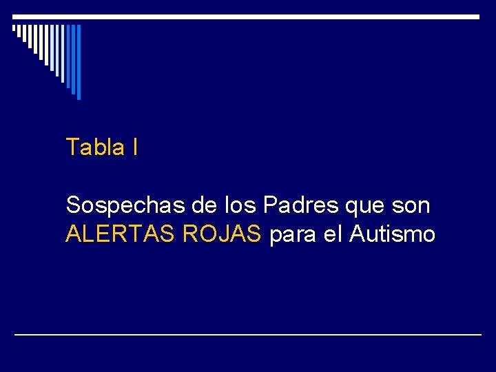 Tabla I Sospechas de los Padres que son ALERTAS ROJAS para el Autismo 