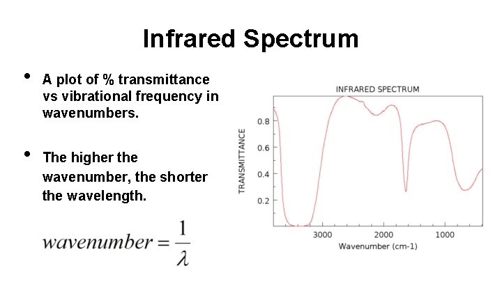 Infrared Spectrum • • A plot of % transmittance vs vibrational frequency in wavenumbers.