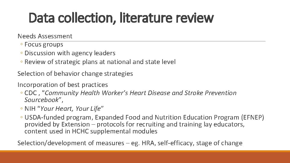 Data collection, literature review Needs Assessment ◦ Focus groups ◦ Discussion with agency leaders