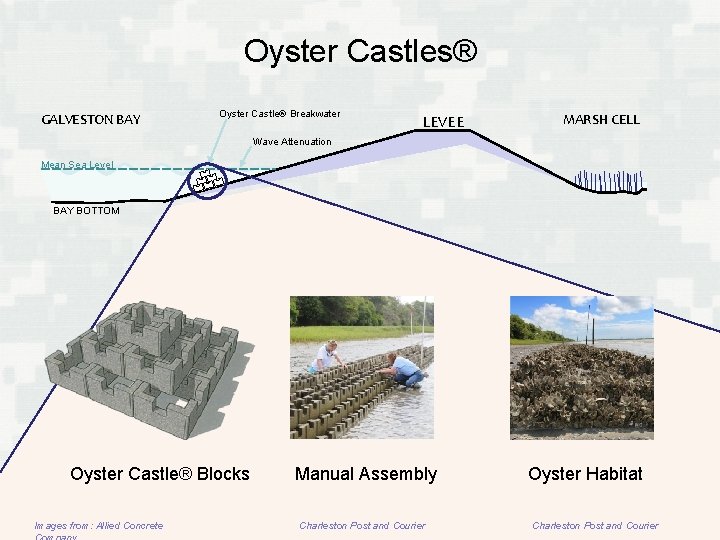 Oyster Castles® GALVESTON BAY Oyster Castle® Breakwater LEVEE MARSH CELL Wave Attenuation Mean Sea