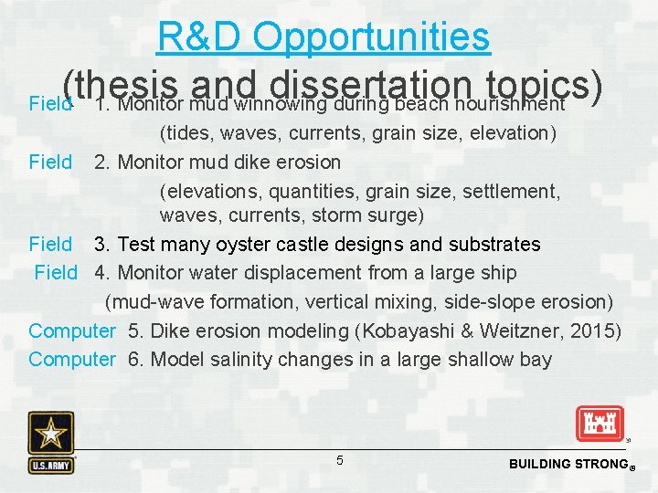 R&D Opportunities (thesis and dissertation topics) Field 1. Monitor mud winnowing during beach nourishment