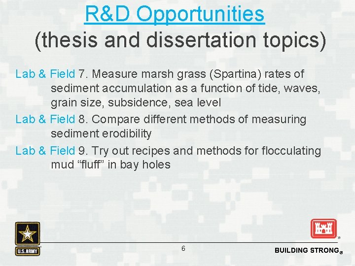 R&D Opportunities (thesis and dissertation topics) Lab & Field 7. Measure marsh grass (Spartina)