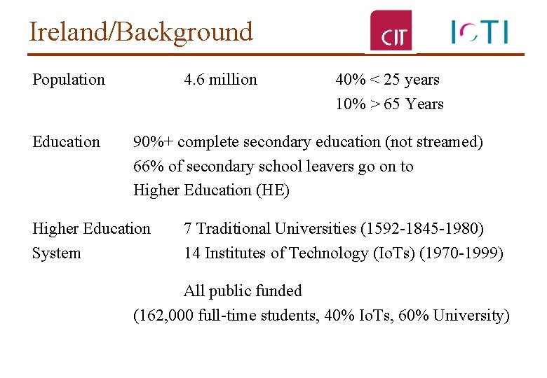 Ireland/Background Population Education 4. 6 million 40% < 25 years 10% > 65 Years