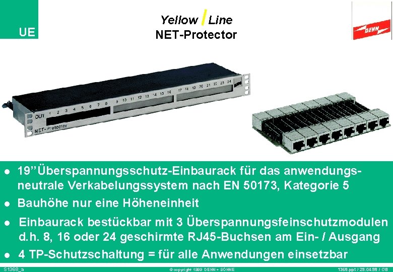 UE l l Yellow Line NET-Protector 19’’Überspannungsschutz-Einbaurack für das anwendungsneutrale Verkabelungssystem nach EN 50173,