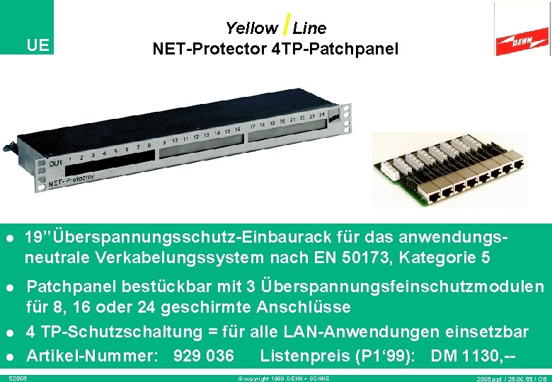 UE Yellow Line NET-Protector 4 TP-Patchpanel l 19’’Überspannungsschutz-Einbaurack für das anwendungsneutrale Verkabelungssystem nach EN