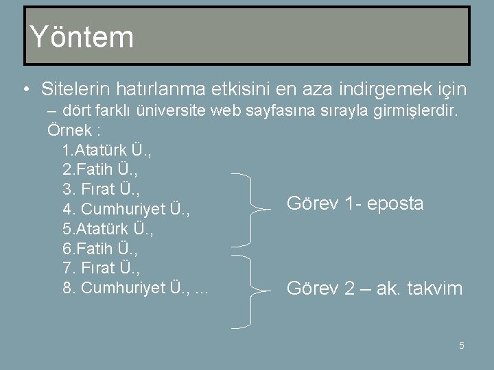 Yöntem • Sitelerin hatırlanma etkisini en aza indirgemek için – dört farklı üniversite web