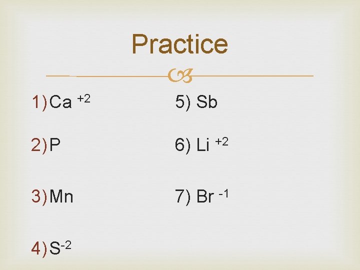 Practice 1) Ca +2 5) Sb 2) P 6) Li +2 3) Mn 7)