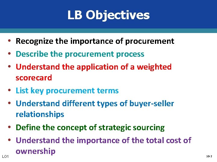 LB Objectives • Recognize the importance of procurement • Describe the procurement process •