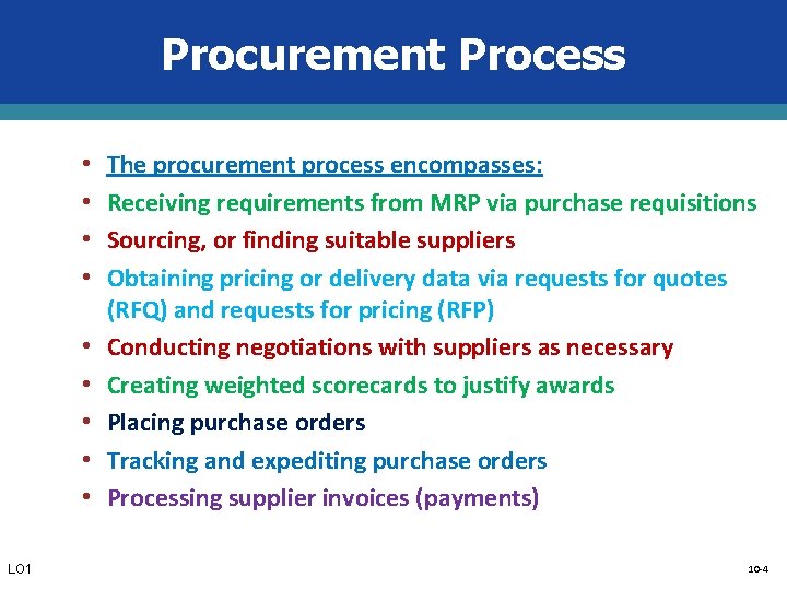 Procurement Process • • • LO 1 The procurement process encompasses: Receiving requirements from