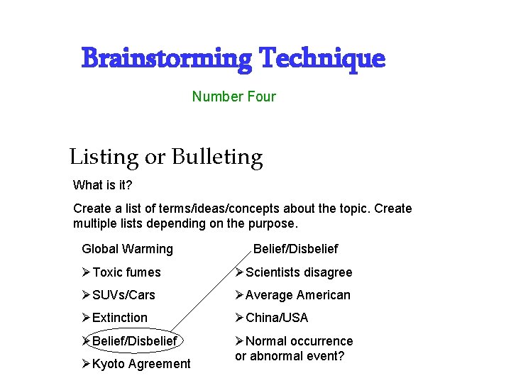 Brainstorming Technique Number Four Listing or Bulleting What is it? Create a list of