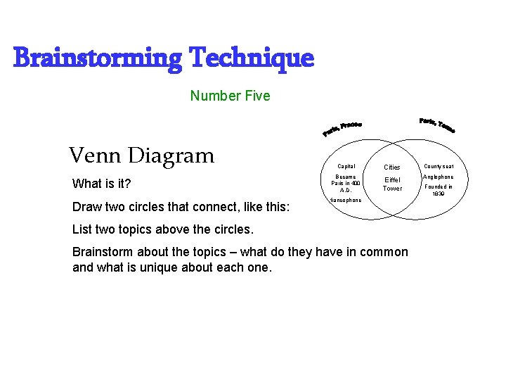 Brainstorming Technique Number Five Venn Diagram What is it? Draw two circles that connect,