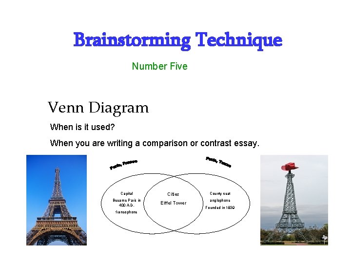 Brainstorming Technique Number Five Venn Diagram When is it used? When you are writing