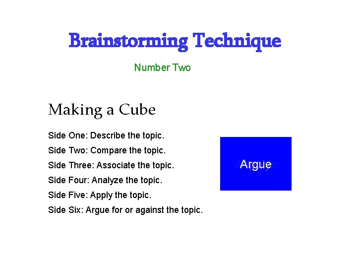 Brainstorming Technique Number Two Making a Cube Side One: Describe the topic. Side Two: