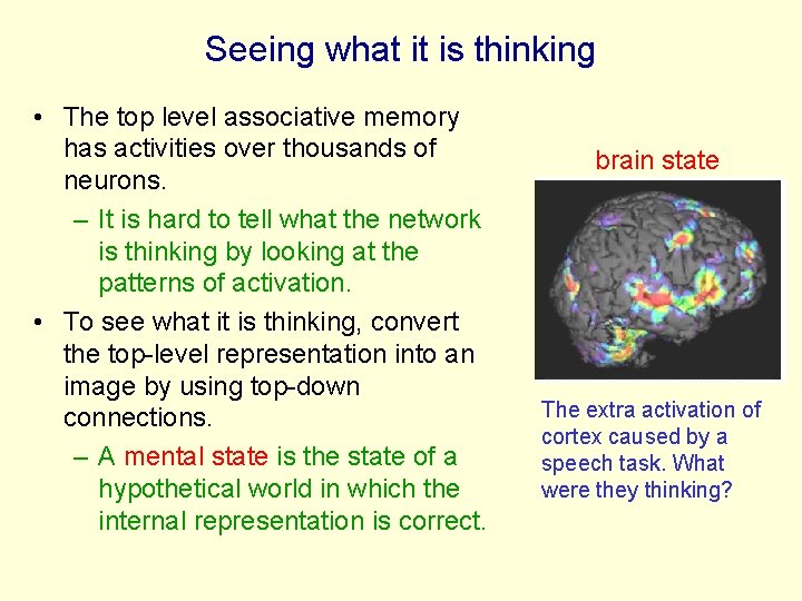 Seeing what it is thinking • The top level associative memory has activities over