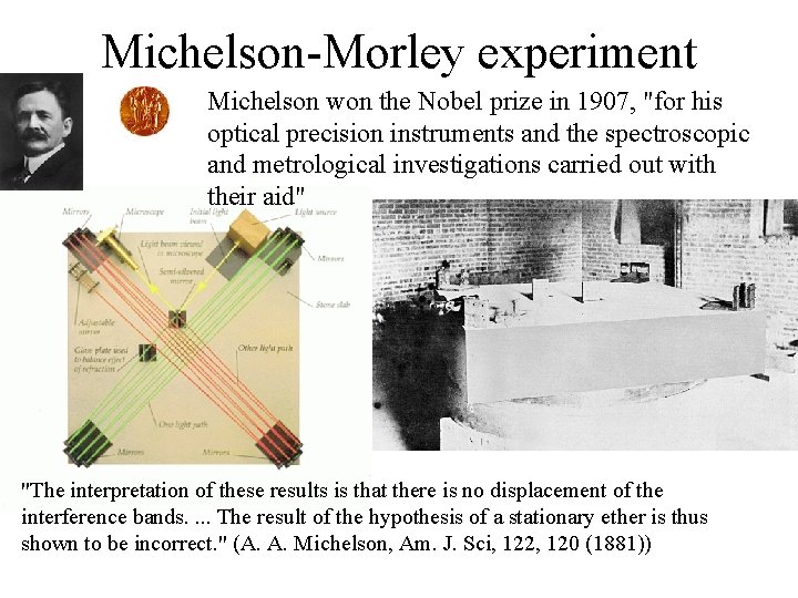 Michelson-Morley experiment Michelson won the Nobel prize in 1907, "for his optical precision instruments