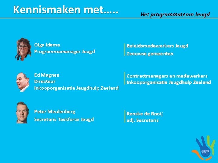 Kennismaken met…. . Het programmateam Jeugd Olga Idema Programmamanager Jeugd Beleidsmedewerkers Jeugd Zeeuwse gemeenten