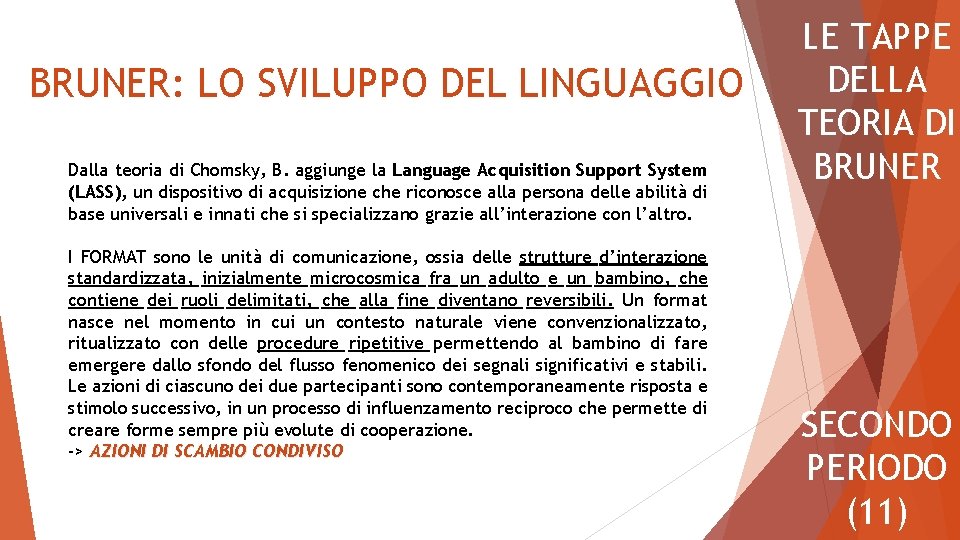 BRUNER: LO SVILUPPO DEL LINGUAGGIO Dalla teoria di Chomsky, B. aggiunge la Language Acquisition