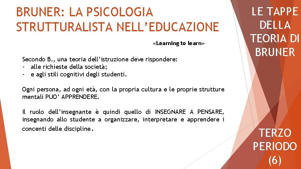 BRUNER: LA PSICOLOGIA STRUTTURALISTA NELL’EDUCAZIONE «Learning to learn» Secondo B. , una teoria dell’istruzione