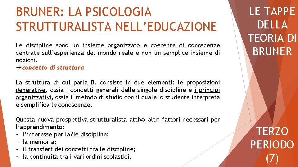BRUNER: LA PSICOLOGIA STRUTTURALISTA NELL’EDUCAZIONE Le discipline sono un insieme organizzato e coerente di