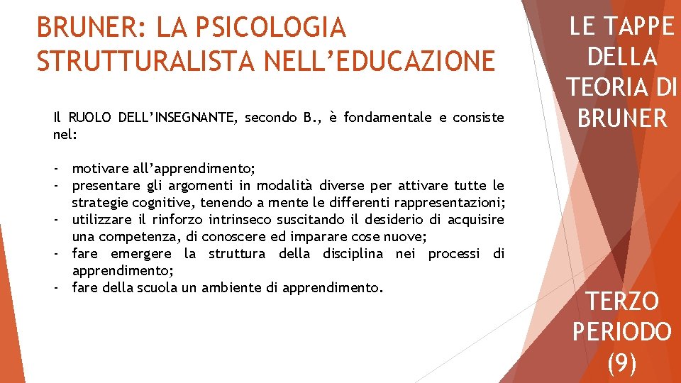 BRUNER: LA PSICOLOGIA STRUTTURALISTA NELL’EDUCAZIONE Il RUOLO DELL’INSEGNANTE, secondo B. , è fondamentale e