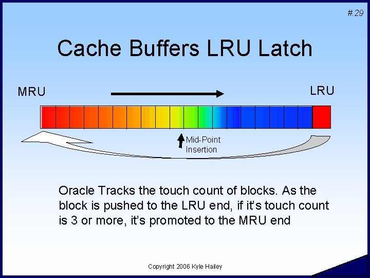 #. 29 Cache Buffers LRU Latch LRU Mid-Point Insertion Oracle Tracks the touch count