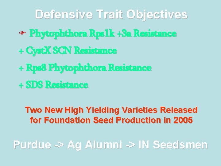 Defensive Trait Objectives F Phytophthora Rps 1 k +3 a Resistance + Cyst. X