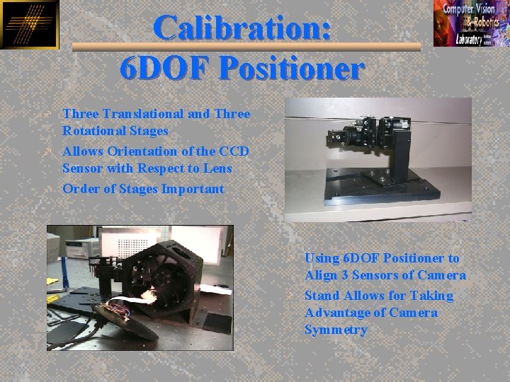 Calibration: 6 DOF Positioner f f f Three Translational and Three Rotational Stages Allows