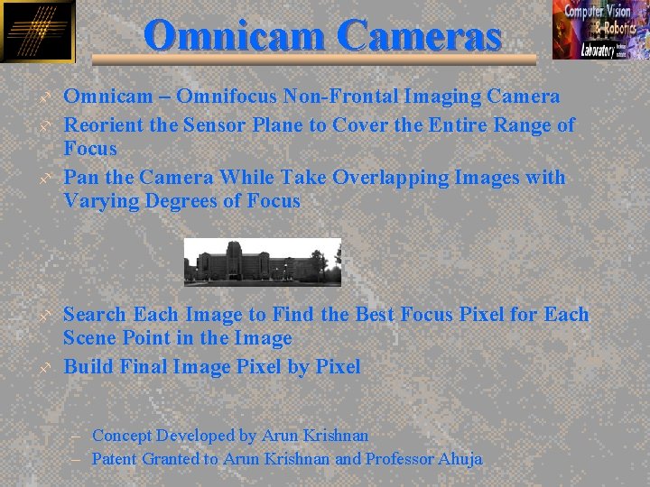 Omnicam Cameras f f f Omnicam – Omnifocus Non-Frontal Imaging Camera Reorient the Sensor