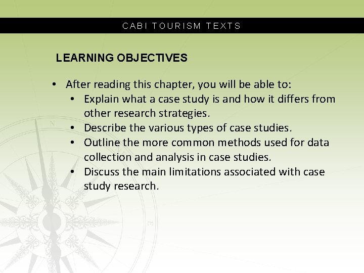 CABI TOURISM TEXTS LEARNING OBJECTIVES • After reading this chapter, you will be able