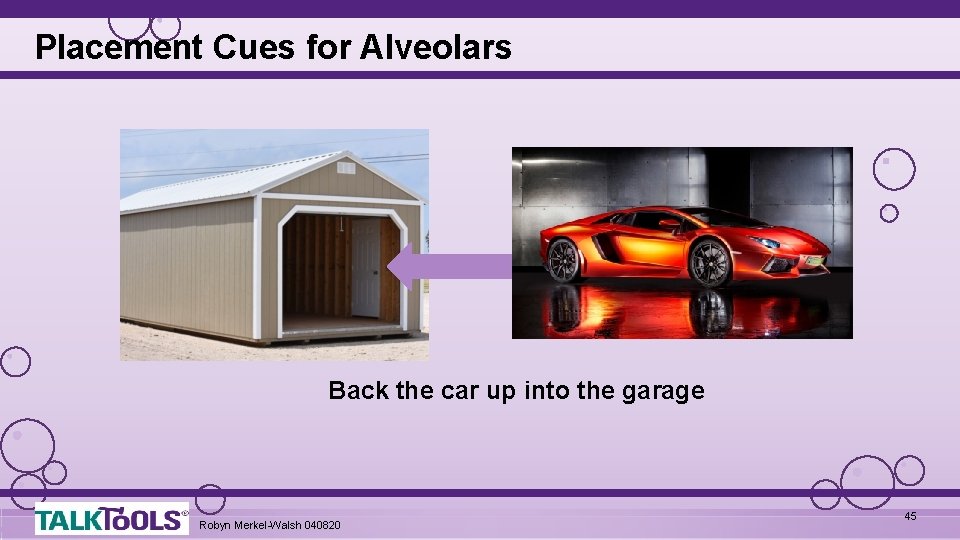 Placement Cues for Alveolars Back the car up into the garage Robyn Merkel-Walsh 040820