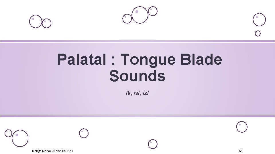 Palatal : Tongue Blade Sounds /l/, /s/, /z/ Robyn Merkel-Walsh 040820 66 