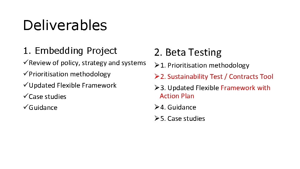 Deliverables 1. Embedding Project Review of policy, strategy and systems Prioritisation methodology Updated Flexible