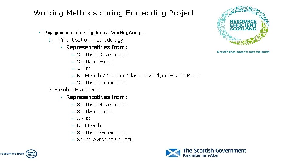 Working Methods during Embedding Project • Engagement and testing through Working Groups: 1. Prioritisation