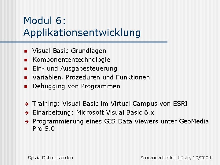Modul 6: Applikationsentwicklung Visual Basic Grundlagen Komponententechnologie Ein- und Ausgabesteuerung Variablen, Prozeduren und Funktionen