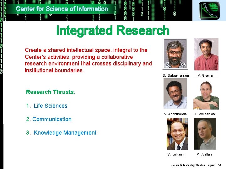 Center for Science of Information Integrated Research Create a shared intellectual space, integral to