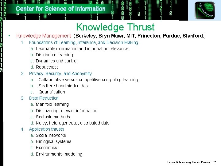 Center for Science of Information Knowledge Thrust • Knowledge Management (Berkeley, Bryn Mawr, MIT,
