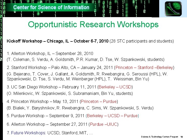Center for Science of Information Opportunistic Research Workshops Kickoff Workshop – Chicago, IL –