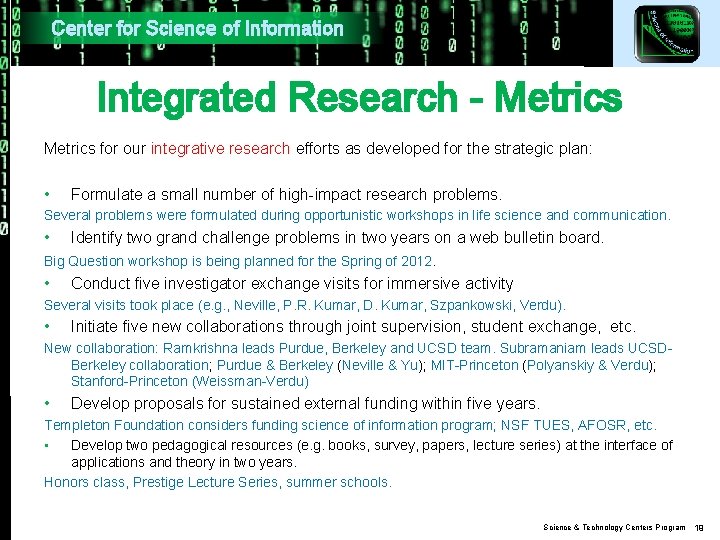 Center for Science of Information Integrated Research - Metrics for our integrative research efforts