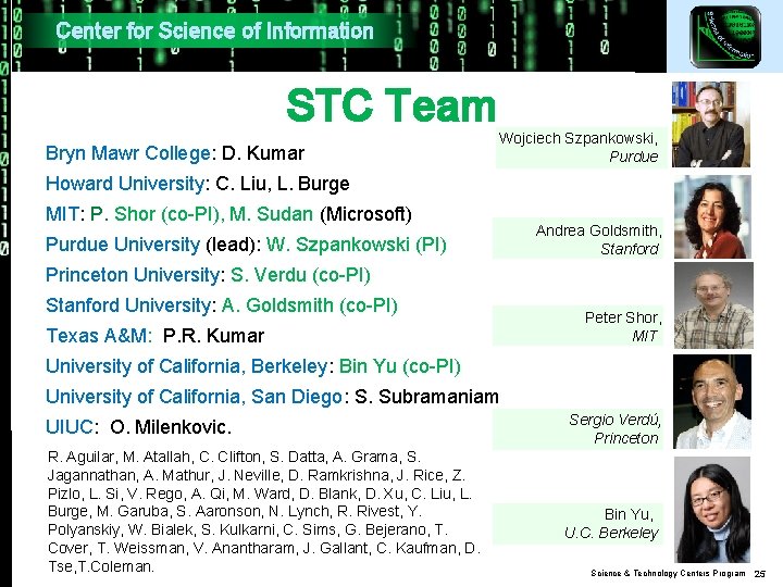 Center for Science of Information STC Team Bryn Mawr College: D. Kumar Wojciech Szpankowski,