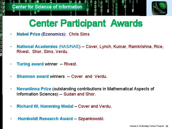 Center for Science of Information Center Participant Awards • Nobel Prize (Economics): Chris Sims