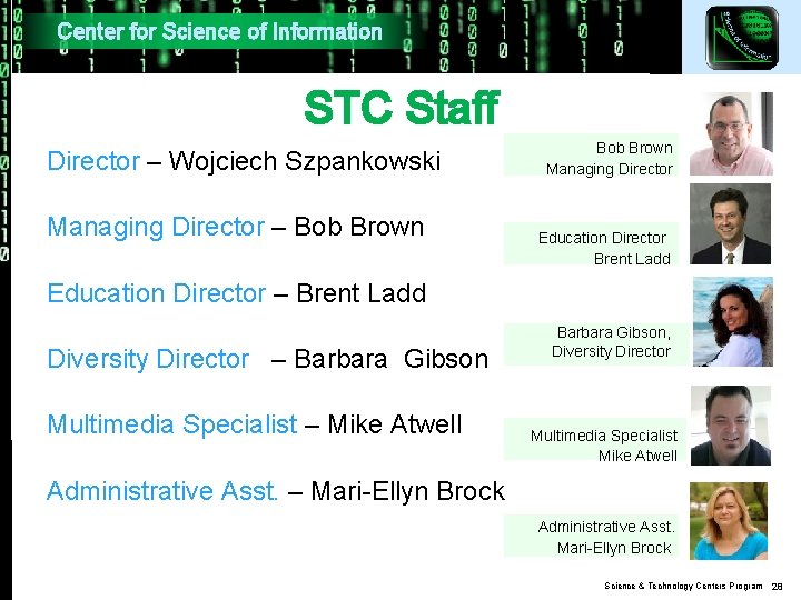Center for Science of Information STC Staff Director – Wojciech Szpankowski Managing Director –