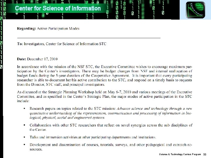 Center for Science of Information Science & Technology Centers Program 33 