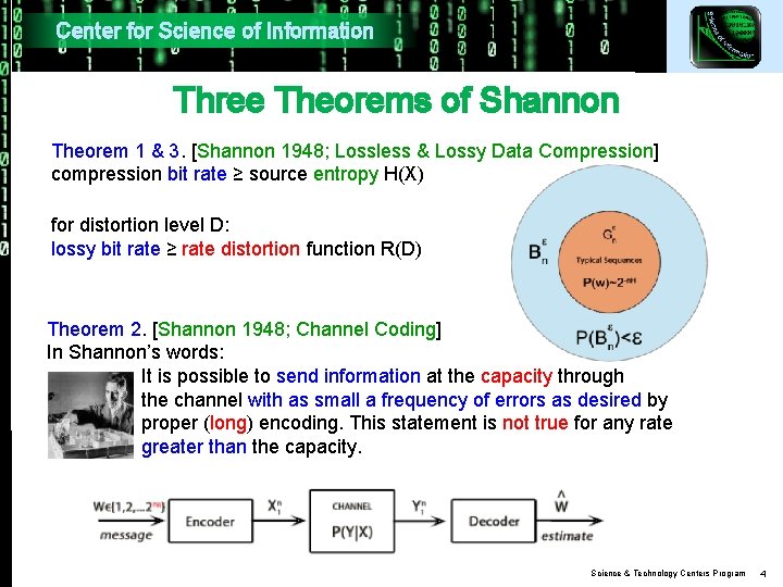 Center for Science of Information Three Theorems of Shannon Theorem 1 & 3. [Shannon