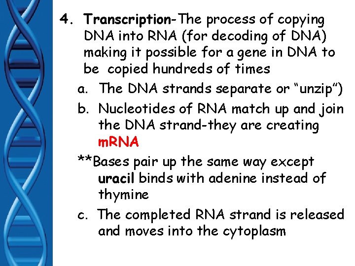 4. Transcription-The process of copying DNA into RNA (for decoding of DNA) making it